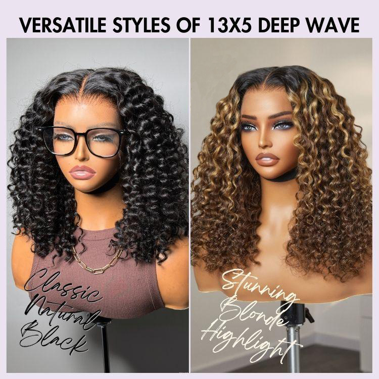 TRILL |Max Deep Wave Ear-to-ear Glueless 13x6 Frontal HD Lace Long Curly Wig Natural Black AND Brown Highlights