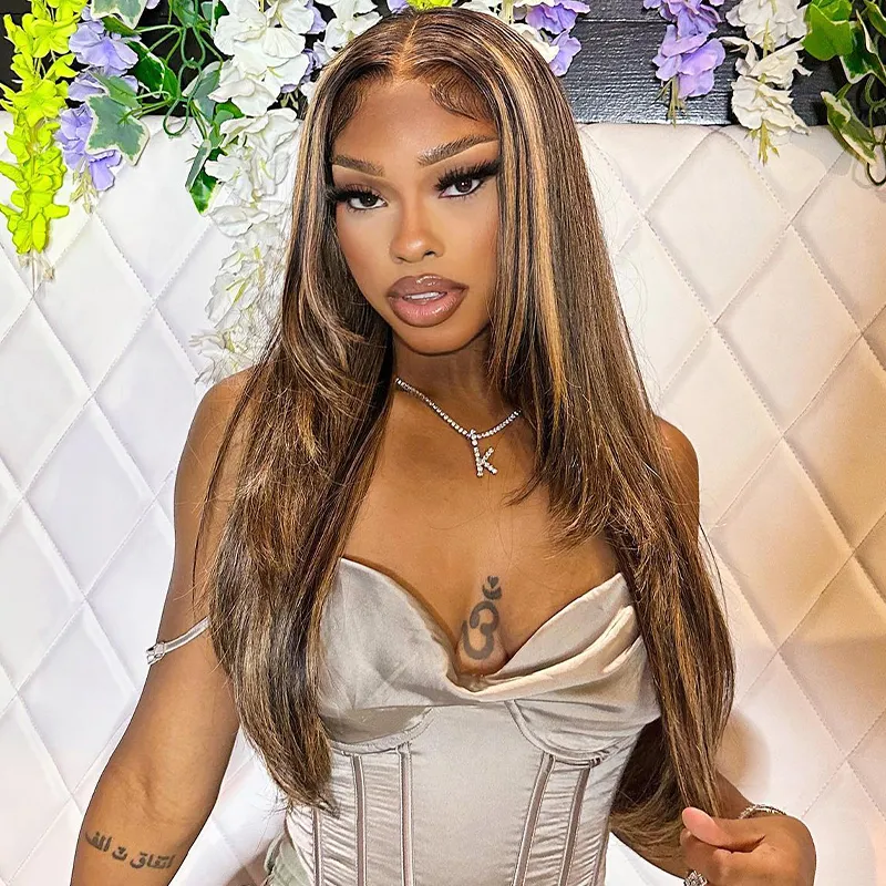TRILL Trendy Layered Cut Highlight Color Straight Human Hair Wear Go Glueless 6×5 HD Lace Wig Plucked & Bleached