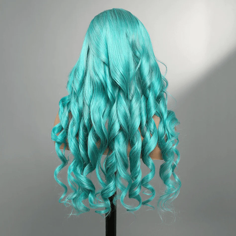 BLUISH-GREEN WIG STRAIGHT/WAVY SIDE PART WIG FOR BLACK LACE FRONTAL
