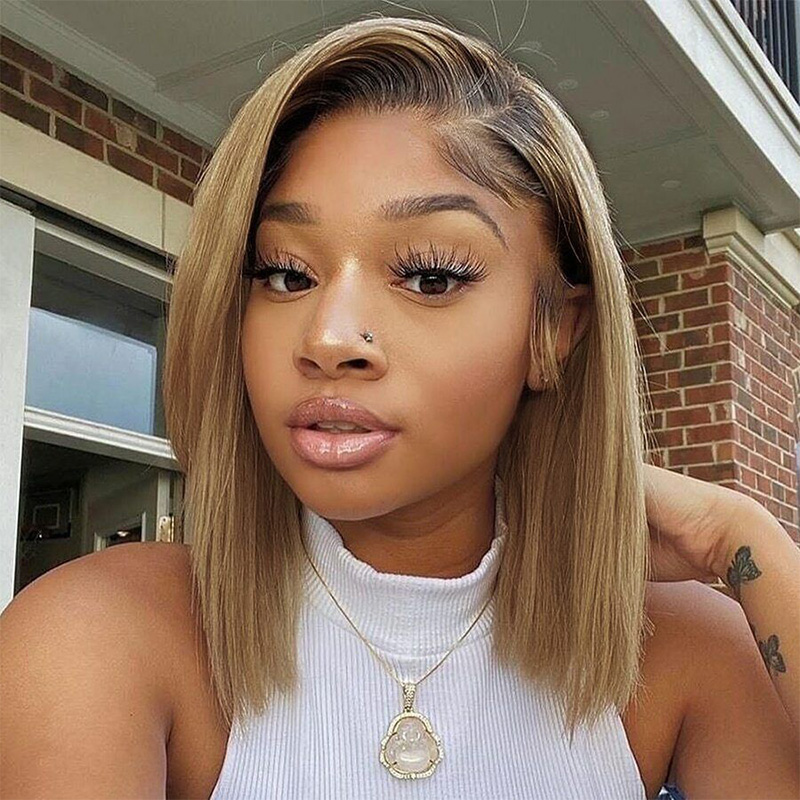 TRILL Ombre Color Bob 6×5 Glueless Short Human Hair Wig Honey Blonde with Brown Roots