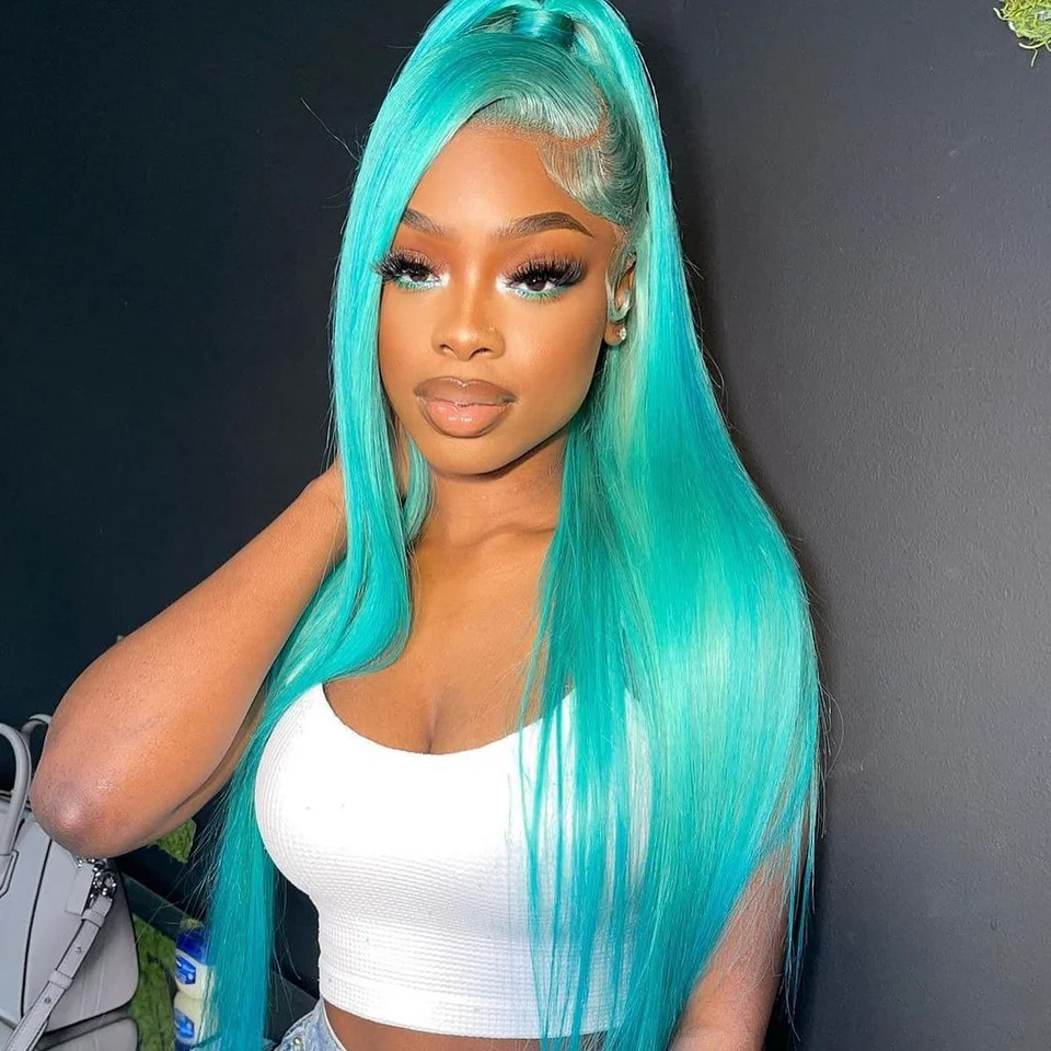 BLUISH-GREEN WIG STRAIGHT/WAVY SIDE PART WIG FOR BLACK LACE FRONTAL