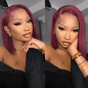 TRILL Burgundy 99J Color Short Bob Straight Human Hair 6×5 Glueless Lace Closure Wigs