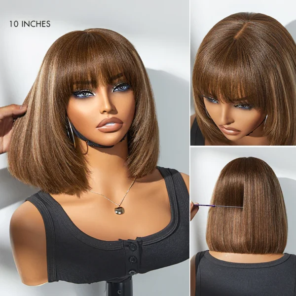 TRILL Hair Put On and Go Reddish Purple / Ash Blonde Highlight / Brown Highlight / Natural Black Layered Cut Yaki Straight Minimalist Lace Bob Wig