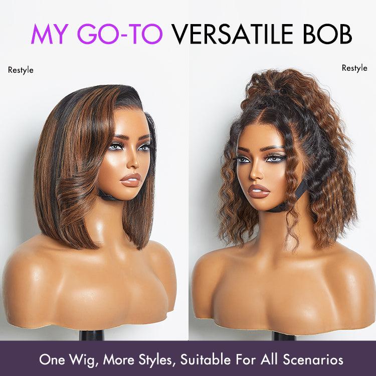 TRILL Hair Natural Looking Brown Highlight Silky Blunt Cut Bob Glueless 13x4 Frontal Pre-Cut Lace Wig