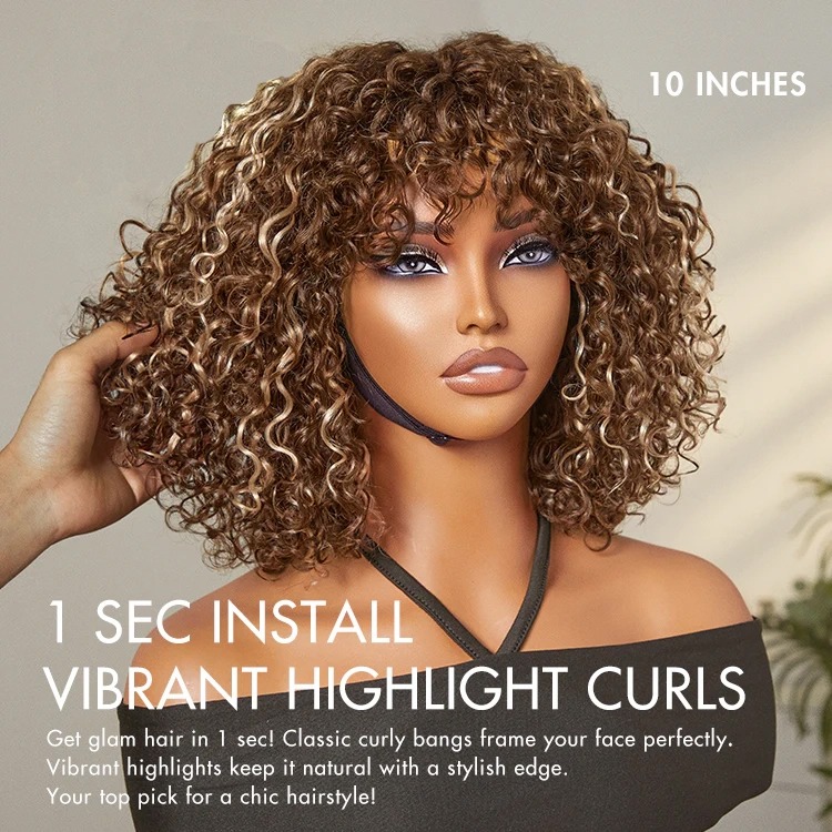 TRILL Beginner Friendly Ash Blonde Highlights Water Wave True Scalp Minimalist Lace Glueless Curly Wig with Bangs