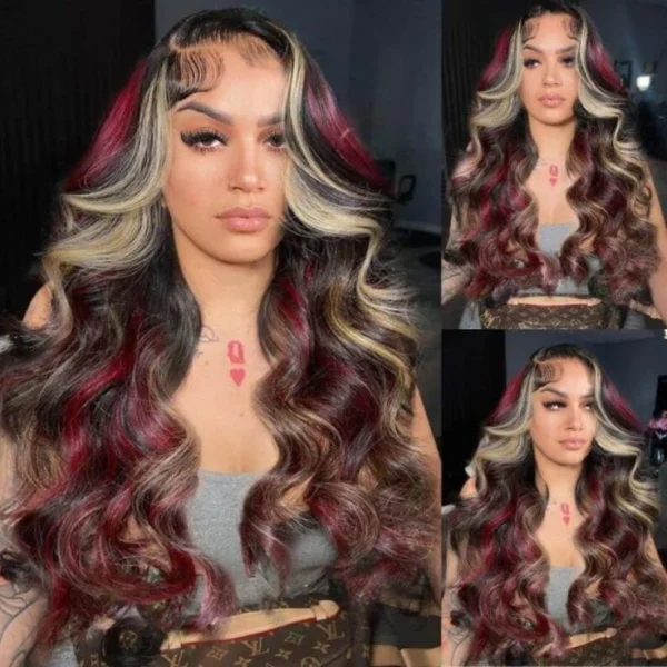 HIGH-QUALITY NEW POP HIGHLIGHTS 210% DENSITY BURGUNDY RED AND AUBURN MIXED HIGHLIGHTS GLUELESS WIG