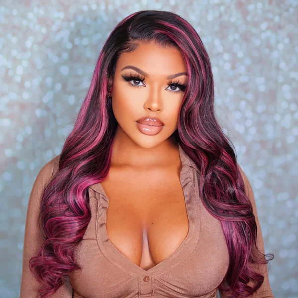TRILL Transparent 13x4 Lace Front Wig Black Hair With Purple Highlights Straight/Body Wave Human Hair Wigs