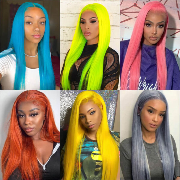 TRILL Colorful Straight Hair 13×4 Lace Frontal Wig Blue Orange Pink Green Grey Yellow Color 180 Density
