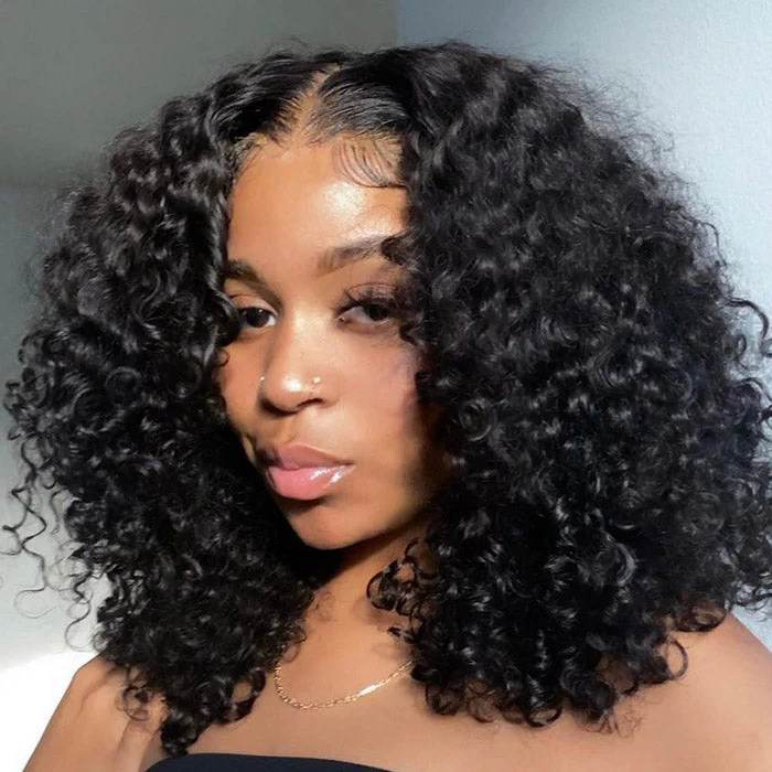 TRILL EaseElle Series Minimalist 6 Inch Deep Part Hairline Glueless Lace Jerry Curly Bob Pre-Bleached Miny Knots Middle Part Closure Wigs