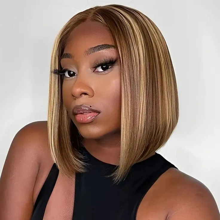 TRILL Ombre Highlight Color 4/27 6×5 Lace Glueless Bob Wigs Straight Brown Mix Color 180% Density