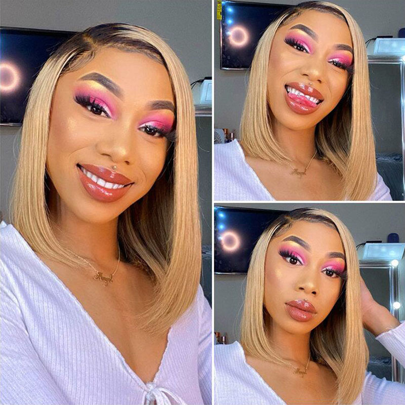 TRILL Ombre Color Bob 6×5 HD Lace Closure Wigs Short Honey Blonde Human Hair Wigs 180% Density