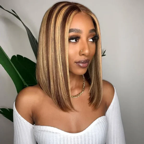 TRILL Ombre Highlight Color 4/27 6×5 Lace Glueless Bob Wigs Straight Brown Mix Color 180% Density
