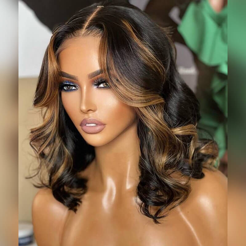 TRILL Highlight Short Human Hair Wig New Body Wave Beautiful Barrel Curls Glueless HD Lace Wig