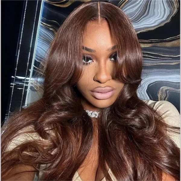 TRILL Curtain Bangs Brown Color Body Wave 6×5 HD Lace Glueless Human Hair Wig Pre Cut & Plucked