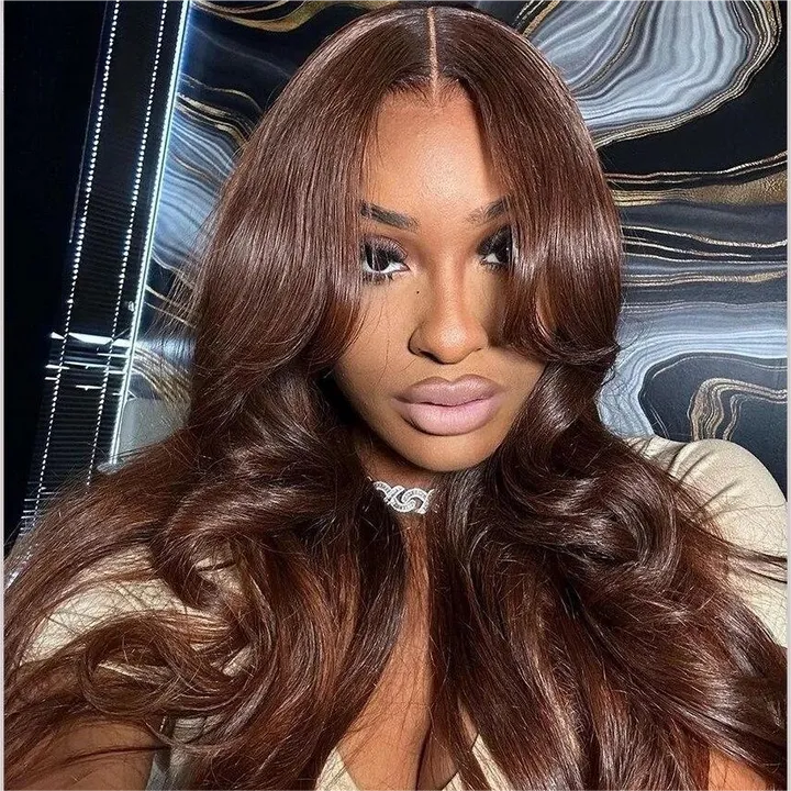 TRILL Curtain Bangs Brown Color Body Wave 6×5 HD Lace Glueless Human Hair Wig Pre Cut & Plucked