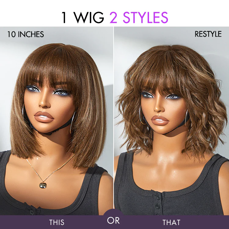 TRILL Hair Put On and Go Reddish Purple / Ash Blonde Highlight / Brown Highlight / Natural Black Layered Cut Yaki Straight Minimalist Lace Bob Wig