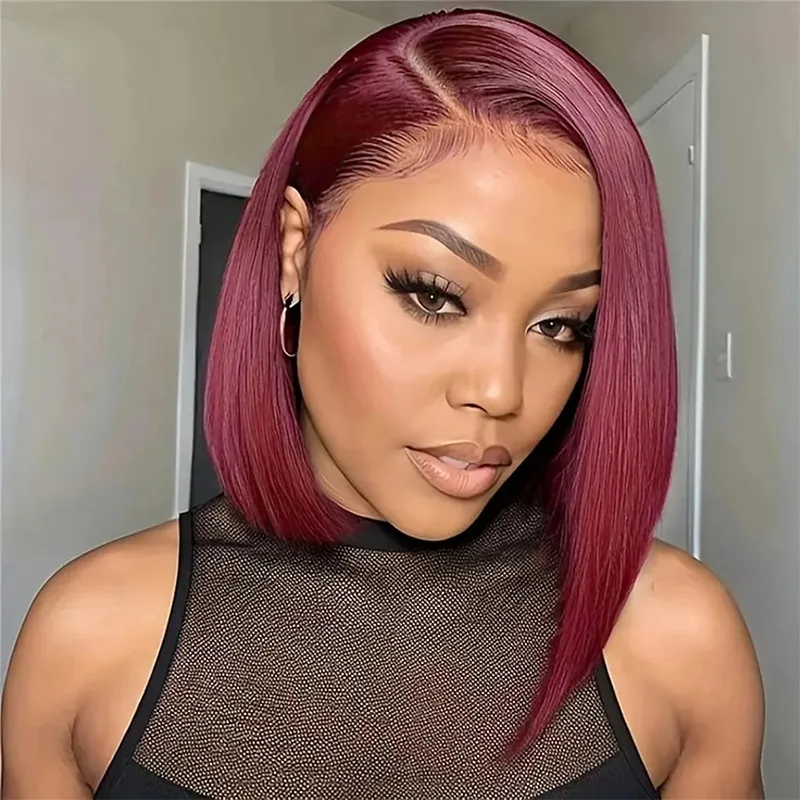 TRILL Burgundy 99J Color Short Bob Straight Human Hair 6×5 Glueless Lace Closure Wigs
