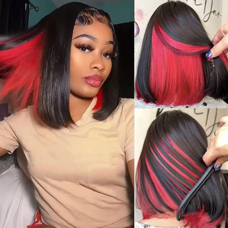 TRILL Peekaboo Highlights Red Colored Transparent 13X4 Lace Frontal Human Hair Bob Wigs