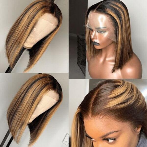 TRILL Bob Highlight Balayage Color 13x4 Lace Front Wig 10inch Human Hair Wig Short Bob