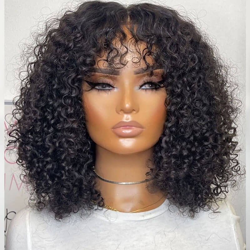 **TRILL DEAL**Short Fluffy Curly Human Hair Wig with Bangs Glueless Bob Wig