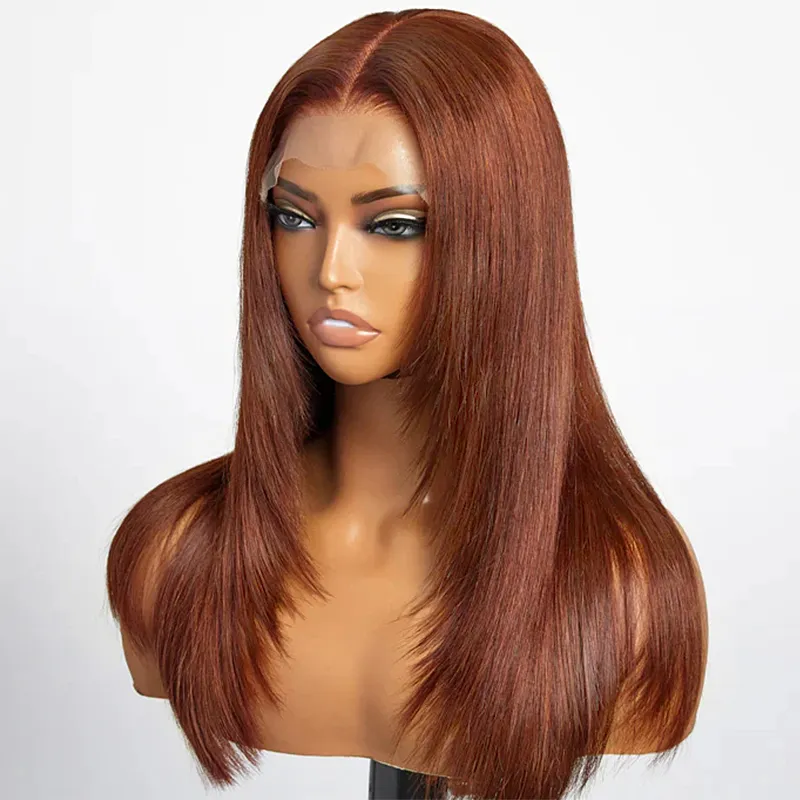 TRILL Layered Cut Copper Brown Color Human Hair Straight Glueless 6×5 Closure Wig Medium Length