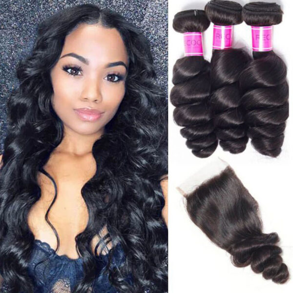 TRILL Hair Brazilian Loose Wave Bundles With Closure Brazilian Human Hair Weave Bundles 3 Bundles With Closure Spring Loose Curly 10A Grade