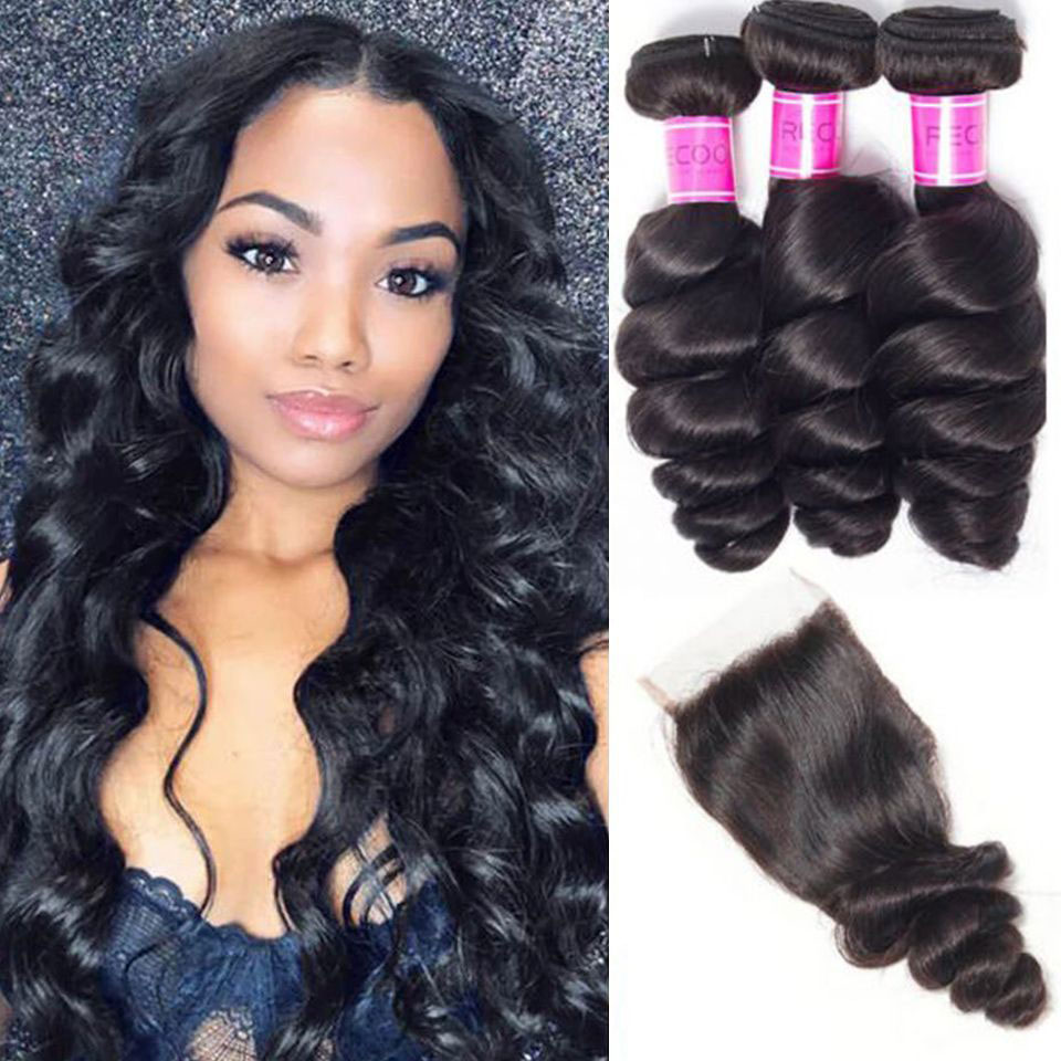 TRILL Hair Brazilian Loose Wave Bundles With Closure Brazilian Human Hair Weave Bundles 3 Bundles With Closure Spring Loose Curly 10A Grade