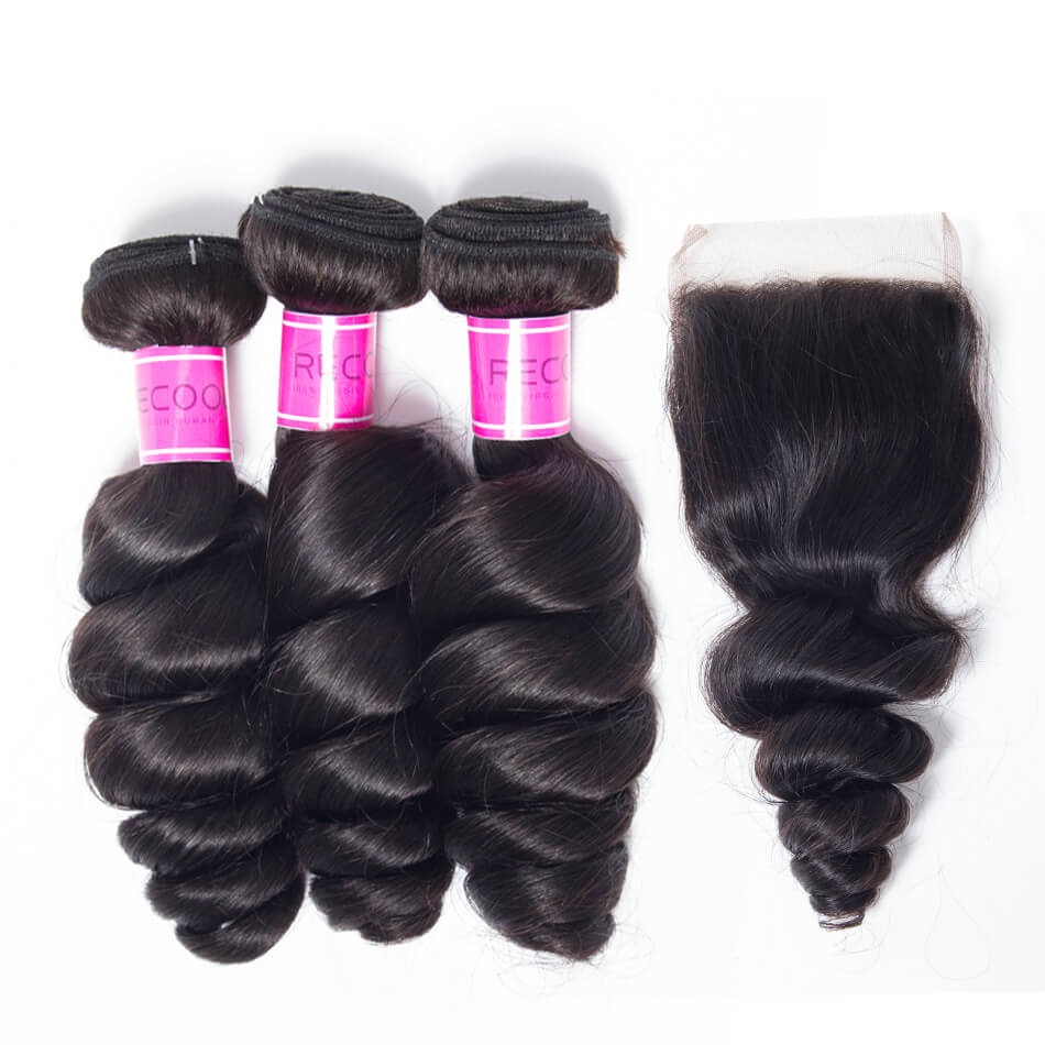 TRILL Hair Brazilian Loose Wave Bundles With Closure Brazilian Human Hair Weave Bundles 3 Bundles With Closure Spring Loose Curly 10A Grade
