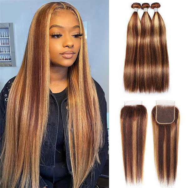 TRILL Highlight Honey Blonde Straight Hair 3/4 Bundles with 5×5 HD Lace Closure 100% Human Hair Weave P4/27 Color