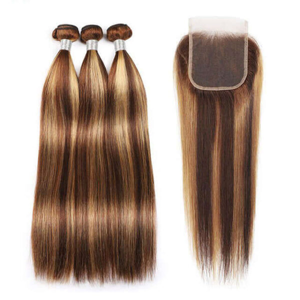 TRILL Highlight Honey Blonde Straight Hair 3/4 Bundles with 5×5 HD Lace Closure 100% Human Hair Weave P4/27 Color