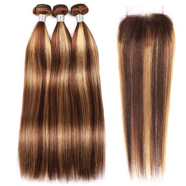 TRILL Highlight Honey Blonde Straight Hair 3/4 Bundles with 5×5 HD Lace Closure 100% Human Hair Weave P4/27 Color