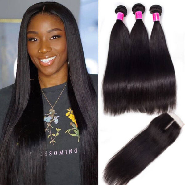 TRILL 10A Indian Straight Hair Bundles With Closure Free Part Mink Straight 3 Bundles With Lace Closure