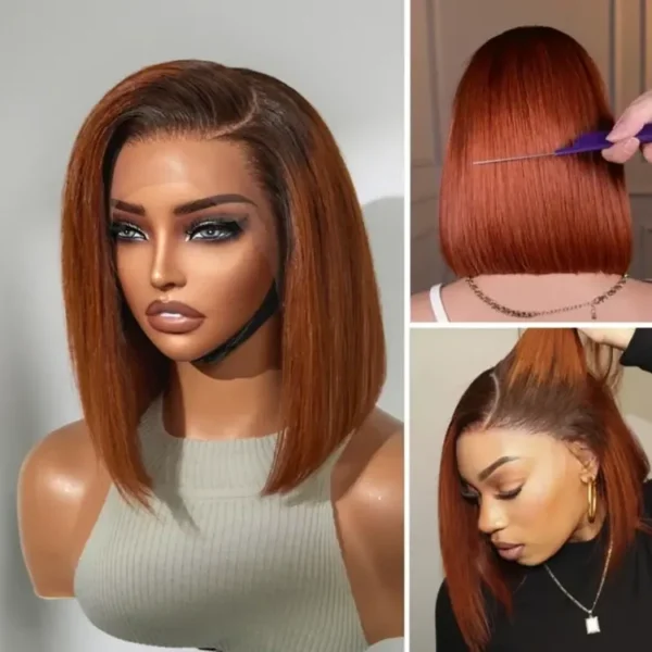 TRILL Ginger Ombre Silky Blunt Cut Glueless 13x4 Frontal Lace Short Bob Wig 100% Human Hair