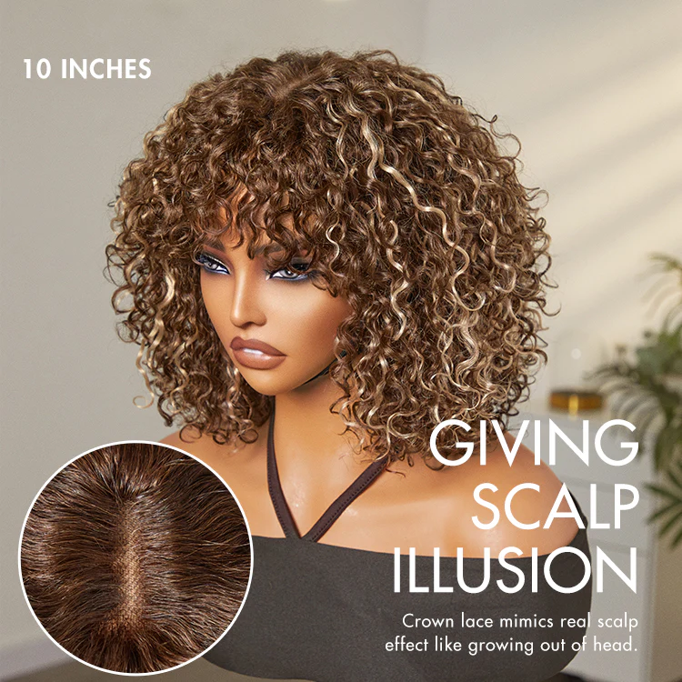 TRILL Beginner Friendly Ash Blonde Highlights Water Wave True Scalp Minimalist Lace Glueless Curly Wig with Bangs