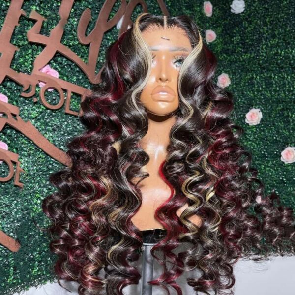 HIGH-QUALITY NEW POP HIGHLIGHTS 210% DENSITY BURGUNDY RED AND AUBURN MIXED HIGHLIGHTS GLUELESS WIG