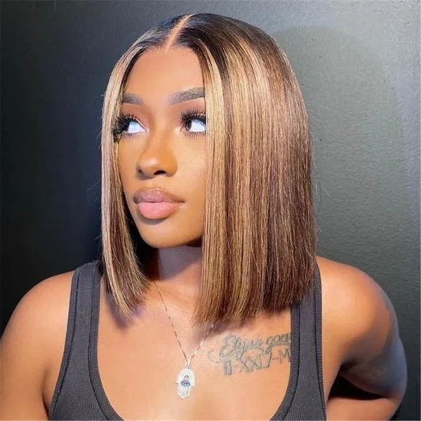 TRILL Ombre Highlight Color 4/27 6×5 Lace Glueless Bob Wigs Straight Brown Mix Color 180% Density