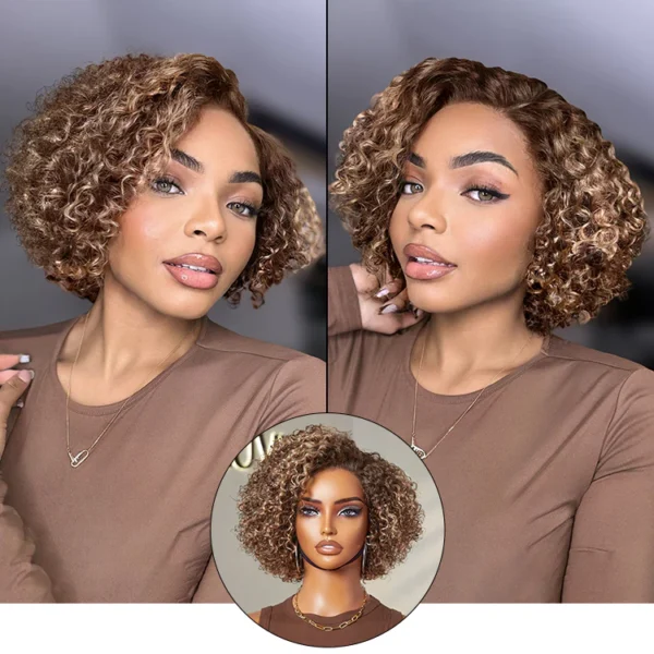 TRILL Ash Blonde Highlight Short Kinky Curly Wig Glueless Minimalist HD Lace Wig Pre-Cut Lace