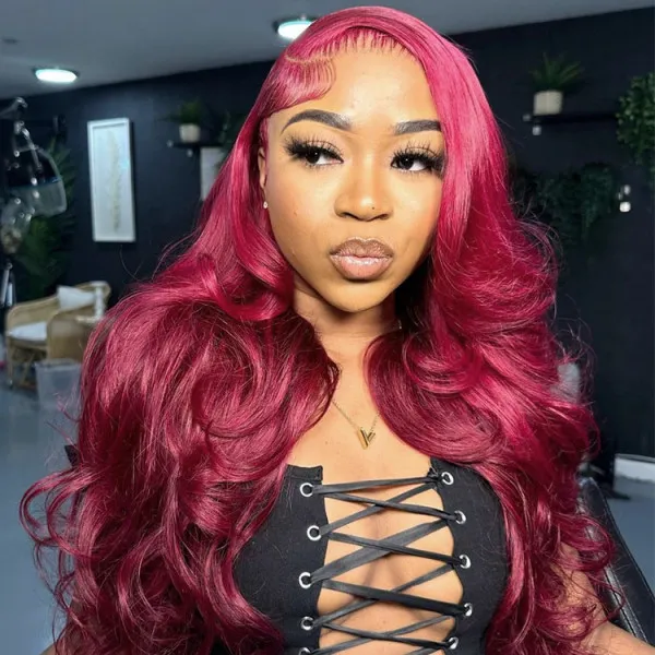 TRILL 99J Body Wave/Straight 13×4 & 6×5 Lace Front Wig HD Lace Burgundy Colored Wear Go Glueless Wig 180% Density