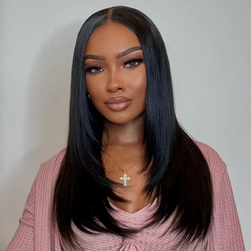 TRILL Layered Straight Hair Glueless Lace Front Wigs 100% Human Hair Medium Length Pre Plucked & Bleached Pre Cut Option