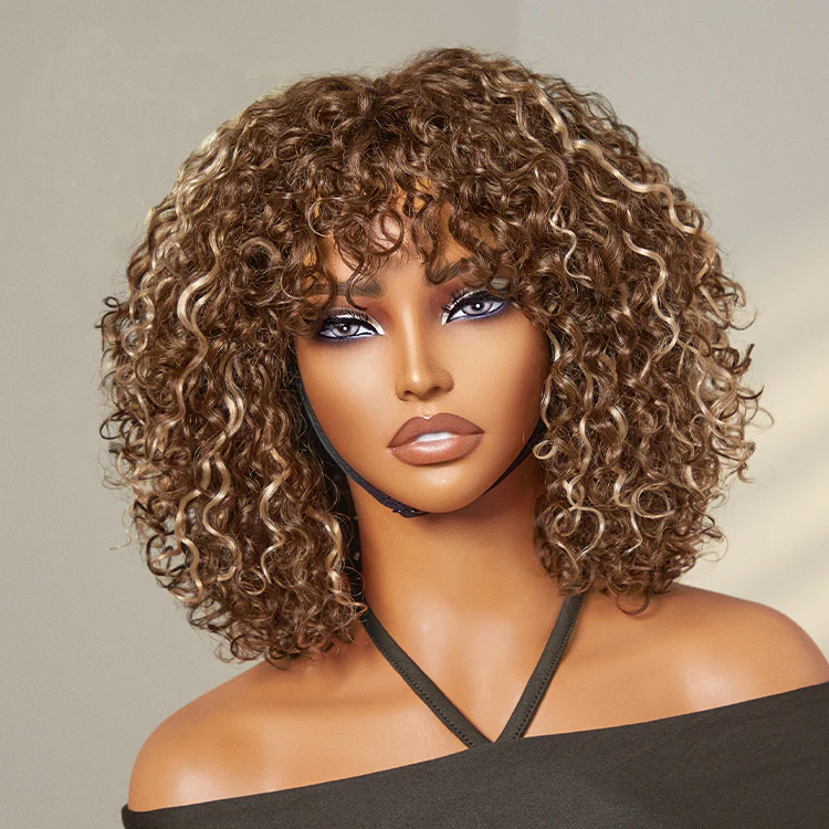TRILL Beginner Friendly Ash Blonde Highlights Water Wave True Scalp Minimalist Lace Glueless Curly Wig with Bangs