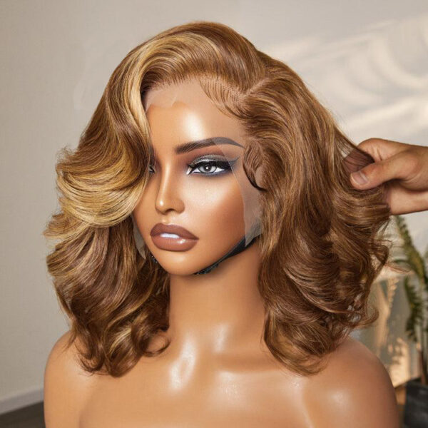TRILL Honey Blonde Highlight / Natural Black / Ombre Blonde Bouncy Body Wave Glueless 13x4 Frontal Lace Human Hair Wig