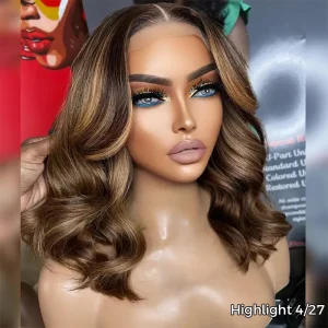 TRILL Highlight Color Short Loose Body Wave 6×5 HD Lace Glueless Wig Brown With Blonde 4/27 100% Human Hair