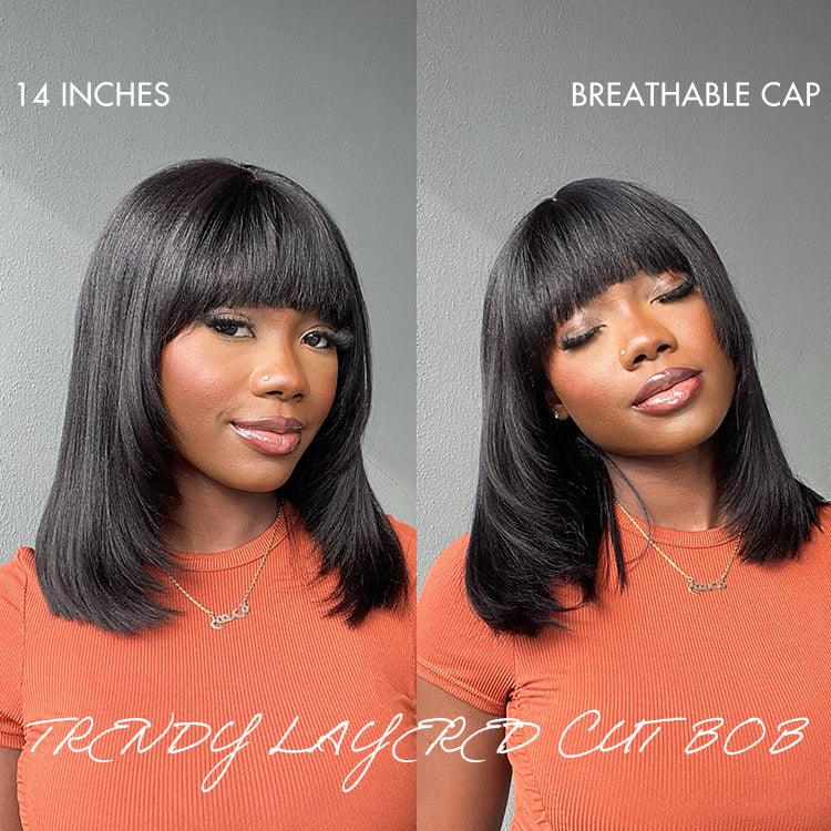 TRILL Hair Put On and Go Reddish Purple / Ash Blonde Highlight / Brown Highlight / Natural Black Layered Cut Yaki Straight Minimalist Lace Bob Wig