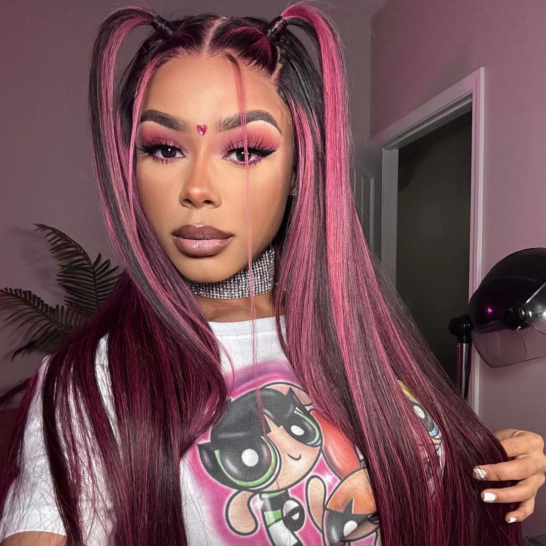 TRILL Transparent 13x4 Lace Front Wig Black Hair With Purple Highlights Straight/Body Wave Human Hair Wigs