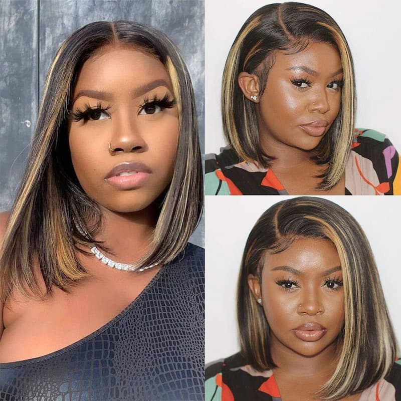 TRILL Bob Highlight Balayage Color 13x4 Lace Front Wig 10inch Human Hair Wig Short Bob
