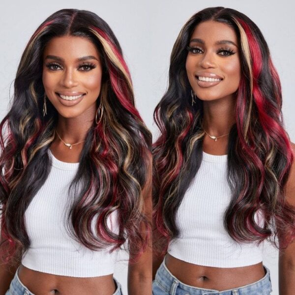HIGH-QUALITY NEW POP HIGHLIGHTS 210% DENSITY BURGUNDY RED AND AUBURN MIXED HIGHLIGHTS GLUELESS WIG