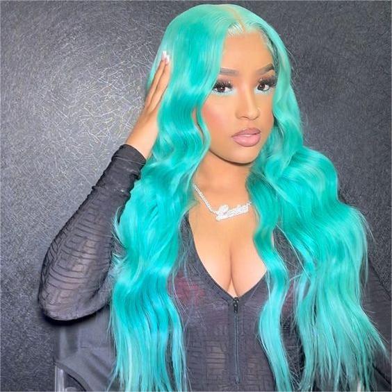 BLUISH-GREEN WIG STRAIGHT/WAVY SIDE PART WIG FOR BLACK LACE FRONTAL