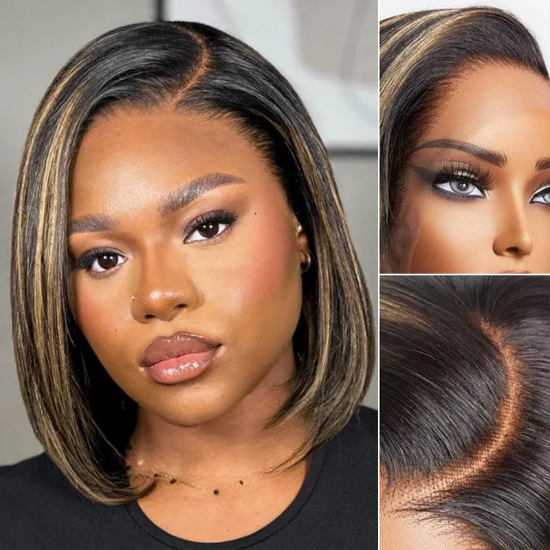 TRILL Balayage Highlight Color Straight Bob Wig 6×5 Wear Go Glueless 100% Human Hair Wig 180% Density