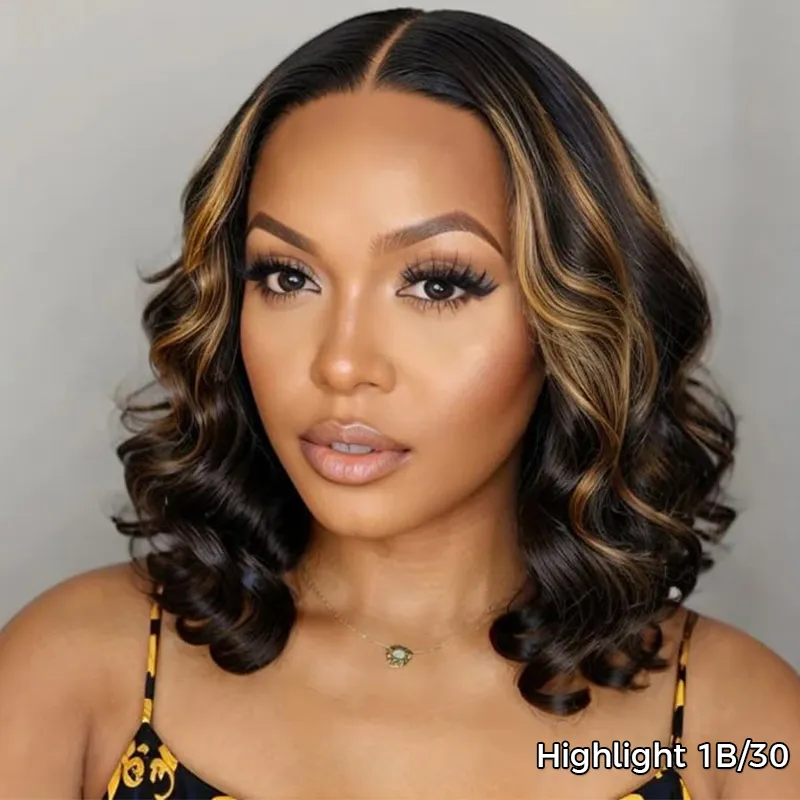 TRILL Highlight Color Short Loose Body Wave 6×5 HD Lace Glueless Wig Brown With Blonde 4/27 100% Human Hair
