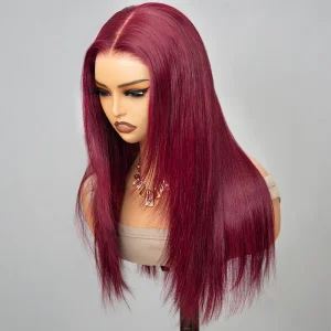 TRILL Straight Layered Cut 99J Burgundy Color Human Hair Wear Go Glueless 6×5 HD Lace Closure Wig